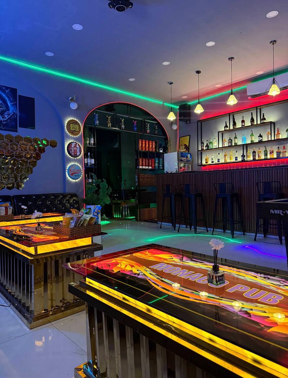 Nice Pub interior with neon lights and bar